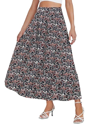 LYANER Women's Elastic High Waisted Ruched Tiered Ruffle Hem Long Skirt with Pockets3