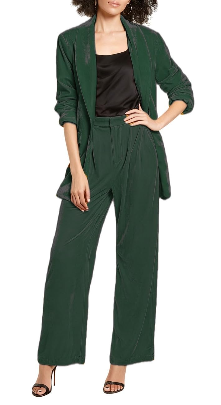 Womens Velvet Suit 2 Pieces Shawl Lapel Office Lady Suit One Button Blazer and Pants Outfit