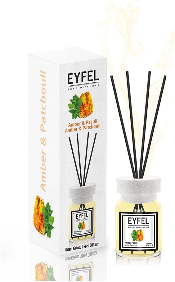 Eyfel Amber Reed Diffuser - 120ml Glass Bottle - Amber Scent - Up to 6 Months Fragrance - Home Fragrance