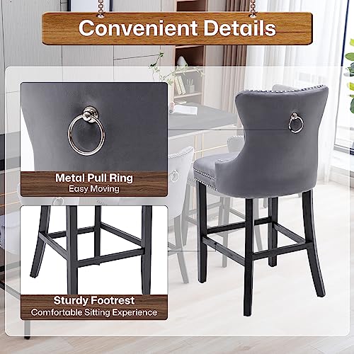 Goolon Bar Stools Set Of 2, Velvet 26 Inch Seat Height Counter Height Barstools Button Tufted Backrest, Rivet Trim Bar Chairs For Kitchen Island Mid-Century Metal Pull Ring Wood Frame Legs, Dark Grey #TOP5