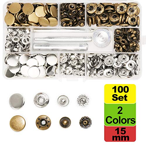 SUNTATOP 100 - Cierres metálicos Ajustables de 15 mm, 2 Colores, Botones de presión de Metal con 4 Herramientas de fijación para Coser y Hacer Manualidades de Ropa (2 colores-100set)