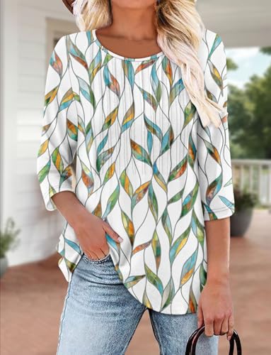 KISSMODA Tunic Tops for Women Loose Fit Dressy Round Neck Pleated 3/4 Length Sleeve Spring Tops