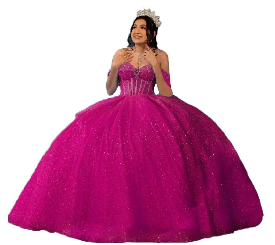 Sparkly Tulle Quinceanera Dresses Ball Gown Off Shoulder Puffy Beaded Princess Sweet 16 Dresses with Train
