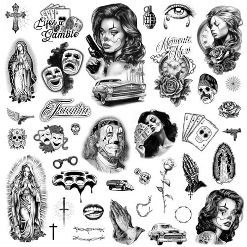 Los Vatos Chicano Vol. I - Cholo and Chola Temporary Tattoos For Men Women Payasa Lowrider Virgin Mary Prayer Cross Chicana Gangster Fake Tattoo Da de Muertos Tatuajes Temporales