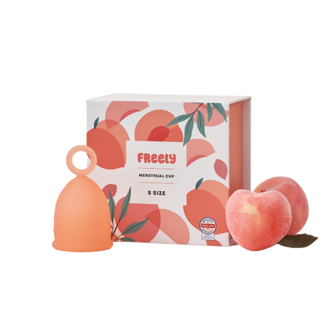 Freely Menstrual Cup - Best Sensitive Reusable Period Cup, Wear for 12 Hours, Tampon and Pad Alternative, Soft Peach (Small)