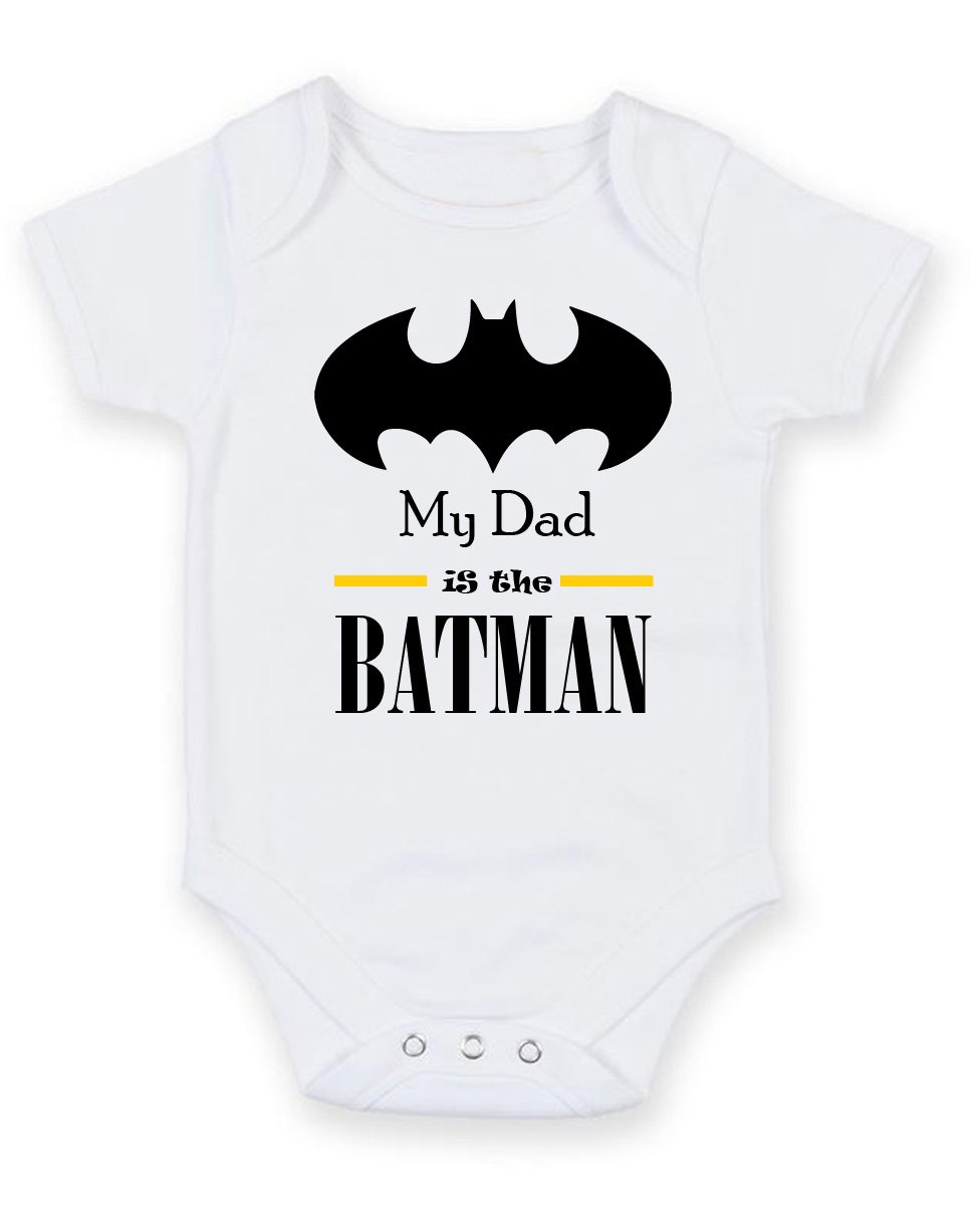 Foxyprinting Men's White My Dad Is The Batman - Personalised Baby Boy Girl Baby Vestunisex Short Sleeve Bodysuit (0-3 Months)