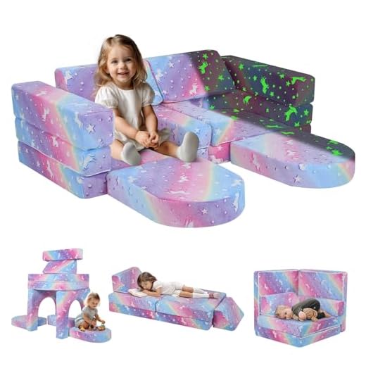 MeMoreCool 10-Piece Kids Couch Sofa, Modular Toddler Couch Glow Sofa Bed for Playroom Bedroom, Fold Out Play Couch for Girl Boy, Kids Convertible Sofa Sectional Foam Playset, Star 27 MeMoreCool 10-Piece Kids Couch Sofa, Modular Toddler Couch Glow Sofa Bed for Playroom Bedroom, Fold Out Play Couch for Girl Boy, Kids Convertible Sofa Sectional Foam Playset, Rainbow