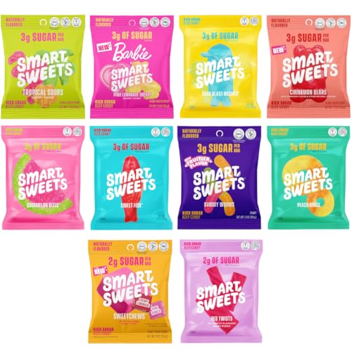 SmartSweets 10 Pack Assorted Variety – Sweet Fish, Sour Blast Buddies, Peach Rings, Red Twists, Gummy Sour Melon, Pink Lemonade, Gummy Worms, Tropical Sours, Sweet Chews & Cinnamon Bears – Low Sugar Candy Assortment
