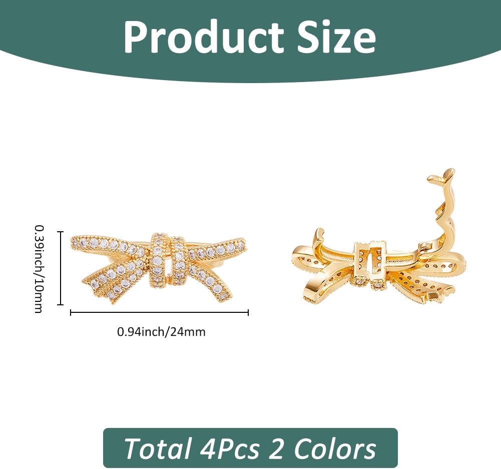 SUPERFINDINGS 4Pcs 2 Colors 14K Brass Necklace Shortener Clasp Bowknot Shortener Enhancer Clasp Rhinestone Fold Over Clasps Push Clasp with Secure Lock Connector for Pearl Necklace Bridal Wedding
