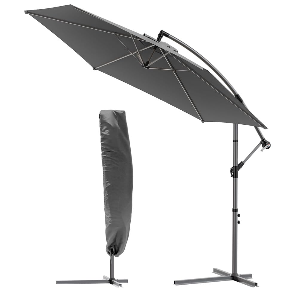 VOUNOT® 3m Cantilever Garden Parasol, Banana Patio Umbrella with Crank Handle and Tilt for Outdoor Sun Shade, Dark Grey