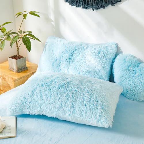 Shaggy Fluffy Light Blue Comforter Cover Queen Set – Faux Fur Shaggy Light Blue Bedding 3-Piece Set (1 Duvet Cover + 2 Furry Pillow Shams) Cozy Bed Set