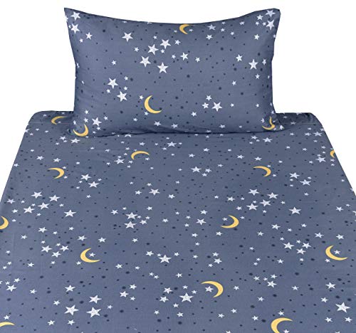 Image of Scientific Sleep Moon & Stars Boys Girls 100% Cotton 3 Pcs Twin Bed Sheet Set Kids Toddler Teen, Flat Sheet & Fitted Sheet & Pillowcase Kids Bedding Set