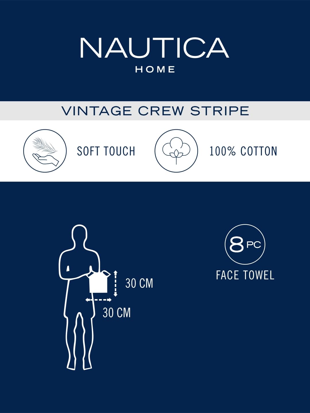 NAUTICA Super Soft Zero Twist 100% Cotton Towel -8pc Face Towel (Vintage Crew Stripe) | 500 GSM | shedds-Coral 4