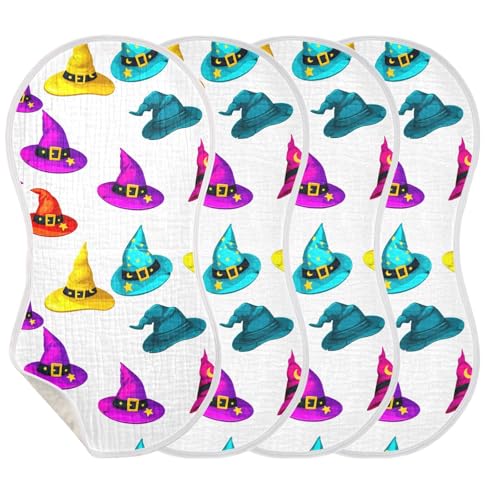 Witch Hats Baby Burp Cloths for Boys and Girls, Soft Muslin Spit Up Towels, 22"x11" Newborn Essentials for Feeding and Drooling, 4 Pack3