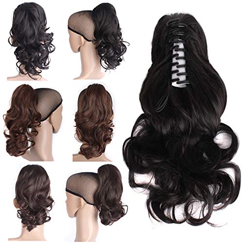 14 Inch Black Brown Wavy Drawstring Ribbon Ponytail Clip