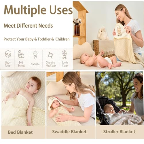 Image of 6-Pack Organic Cotton Baby Hooded Towel & Washcloths Set - Ultra Soft, Reusable, for Newborns, Perfect for Infants & Toddlers, Unisex Gifts, White Bear, 30 x 30 Inches