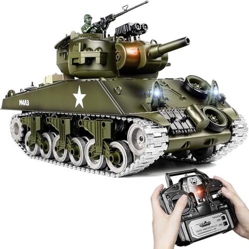 Supdex Tanque RC 1:18, tanque de metal US M4A3 Sherman con control remoto que dispara bombas de agua y BBS, vehículo RC de 2.4 GHz, juguetes militares con humo y luces