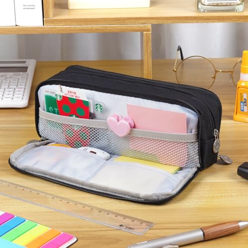 Image of MAMUNU Large Capacity Pencil Case, 3 Compartments Canvas Pencil Pouch with Zipper, Aesthetic Pencil Bag Pen Pouch for School Office Students Teen Girls Boys, Black