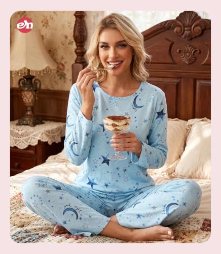 Image of ENJOYNIGHT Womens Pajama Set Cotton Pjs Long Sleeve Sleepwear with Pockets | Two Piece Crew Neck Sleep Set, Elastic Waist Long Pant, Lightweight Loungewear