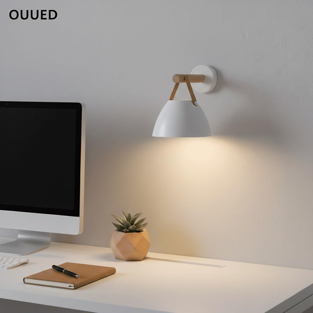Kinkiet do sypialni, korytarza, wnętrza, nowoczesne drewno, lampa ze skórzanym paskiem, nordycki biały metalowy klosz, lampa nocna z podstawą E26/E27, minimalistyczny