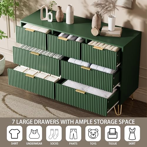 Image of Furniway Dresser for Bedroom, Fluted Modern Dresser with Gold Pulls and 7 Drawers, 15.7 inch D x 47.2 inch W x 31.4 inch H, Green