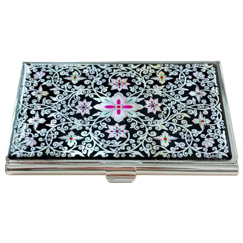 Image of Mother of Pearl Business Card Case Credit Id Name Holder Travel Wallet Art Painting Design Metal Stainless Steel Engraved Slim Purse Pocket Cash Money Wallet (New Arabesque)