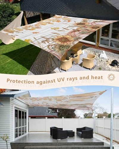 Sun Shade Sails Canopy 12'x16', Fall Watercolor Sunflower Pumpkin Wood Texture UV Protection Outdoor Shade Canopy, Rust Resistant Tear Patio Sail Shade for Sunshade Outdoor Patio Backyard Garden