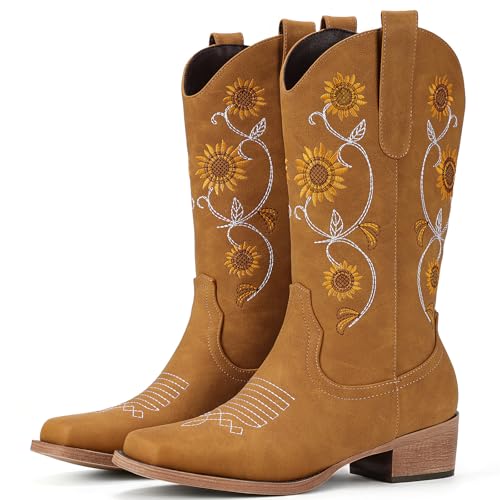 Image of Cowboy Boots for Women - Mid Calf Western Sunflower Cowgirl Boots with Floral Embroidery, Square Toe Stitched Pull On Retro Design, Perfect for Country Idyll, Concerts and More