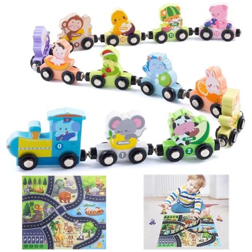 Brinquedo Montessori a partir de 1, 2, 3 anos, comboio de números com animais de madeira de 13 peças, comboio de madeira magnético com animais e tapete de jogo, brinquedo de motocicleta e aprendizagem