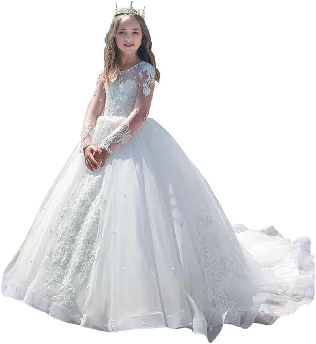 Vestidos de niña de Flores Blancos para Bodas Primera comunión Manga Larga Vestido Blanco de Princesa para niñas