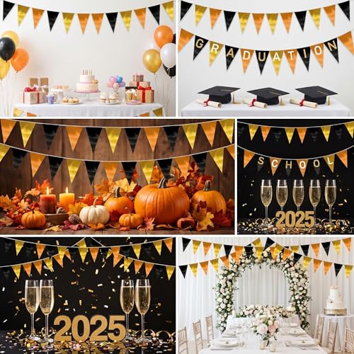 Image of 40M /130FT Black Gold Orange Triangle Pennant Banner Flag Metallic Fabric Bunting Garland for Christmas Wall Hanging,Graduation Decorations, New Years Decorations,Father' Da