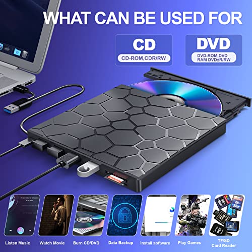 Image of External CD /DVD Drive for Laptop, 8 in 1 USB 3.0 Ultra-Slim Portable DVD Player for Laptop, CD ROM Burner Writer External Disk Drive Optical Compatible with Laptop Desktop PC Mac Windows Mac Linux OS