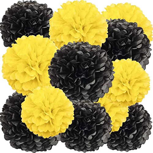 Image of We Moment Black and Yellow Paper Pom Poms for Wedding Birthday Party Decoration - Ceiling Wall Hanging Tissue Flowers - 12pcs 2 Colors of 12 Inch 10 Inch