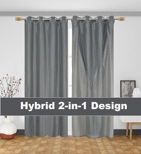 Image of IVAZA Faux Silk Hybrid Designer 100% Blackout Curtain 2-in-1 |Dual-Layer Design with Decorative Mesh Overlay & Tie Ribbon|100% Light Blocking,Thermal Insulated, Window- 5 Feet (Pack of 2) Grey