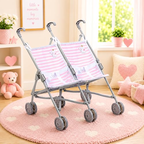 Image of JC Toys Boutique | Twin Folding Umbrella Doll Stroller for Children 2 Years Plus, Pink Stripes and Soft Embroidery | Sturdy Metal Frame | Pretend Play with Dolls up to 18 inch Long | Seat Belts