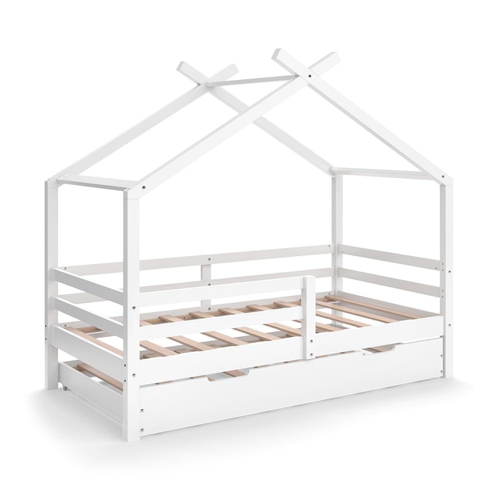 VitaliSpa Cama en Forma de casa Luni, Blanco, 160 x 80 cm | con cama extraíble para invitados, como un pequeño hogar para un ambiente cálido
