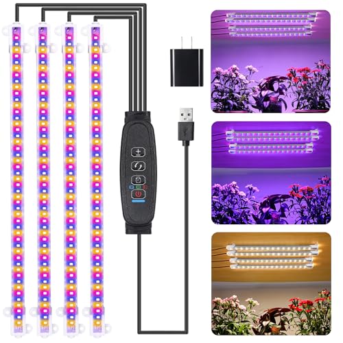 Image of RWNTAO Four Strip Growing Lamp for Indoor Plants, Red & Blue & Yellow Full Spectrum LED Grow Light Strips with Auto ON /Off 3 /9 /12H Timer,10 Dimmable Levels for Green House Succulent (13 in)