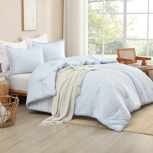 Image of Andency Light Blue Gingham Comforter Set Queen(90x90Inch), Checkered Grid Plaid Buffalo Bed Set for Girls Boys Kids Teens, 3 Pieces Lightweight Polyester Geometric Preppy Bedding