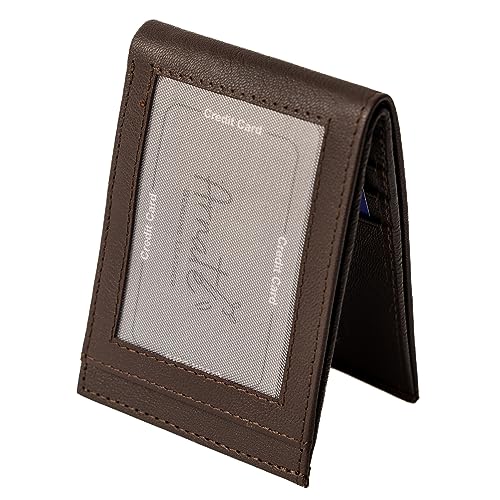 Unisex Mens Womens Slim Minimalist Genuine Leather Card Wallet RFID Block Sleek Bifold Brown Zip Coins Pocket, BROWN, RFID Safe Genuine Leather Cards Wallet