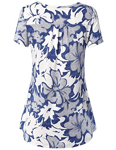 BAISHENGGT Women's V Neck Buttons Pleated Flared Tunic Tops Blue Whtie Floral XXL