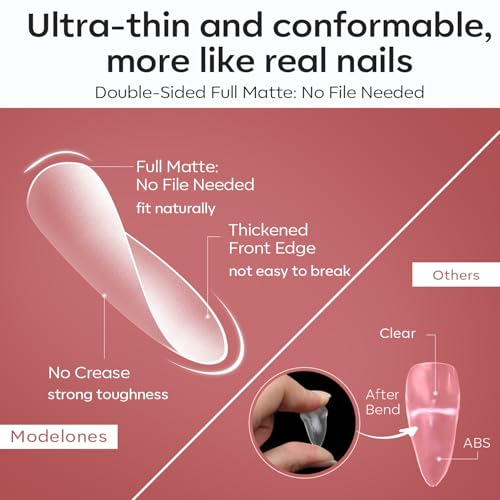 Image of modelones Long Almond Guiding Line Nail Tips, Stiletto Soft Gel Tips Fake Nails False Acrylic Extensions Seamless Accurate Positioning Scale Line, Full Matte Professional Nail Salon 216PCS 12Sizes