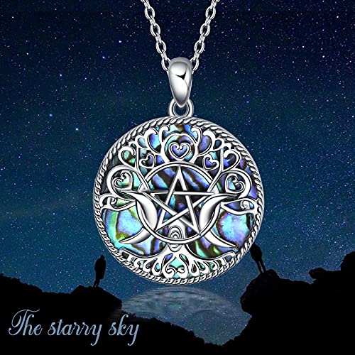 YFN Triple Moon Goddess Necklace Sterling Silver Pentagram Pentacle Opal Pendant necklace Pagan Wiccan Magic Amulet Tree of Life Jewelry for Women Men 18"2