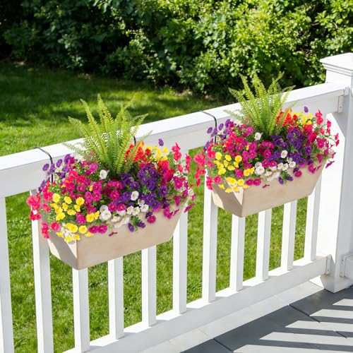 Image of Artificial Flowers Fake Plants for Outdoors Decoration, 12 Bundles Silk Morning Glory with Boston Fern Realistic UV Resistant Faux Flowers for Outside Planter Yard Patio Garden Home Indoor Urn