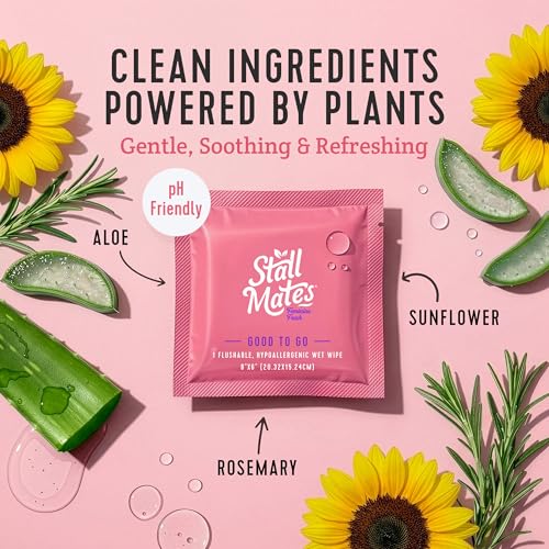 Image of Stall Mates Feminine Fresh - Flushable Wipes, Individually Wrapped Cleansing Travel Friendly PH balanced Unscented with Sunflower, Rosemary and Aloe (30 on-the-go singles)