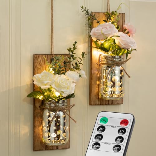 Mingfuxin Mason Jar Wall Sconces, Hanging Farmhouse Wall Decorations with Remote Control LED Light, Rustic Home Indoor Decor Artificial Flowers for Bedroom Living Room Set of 2 (NO Battery)