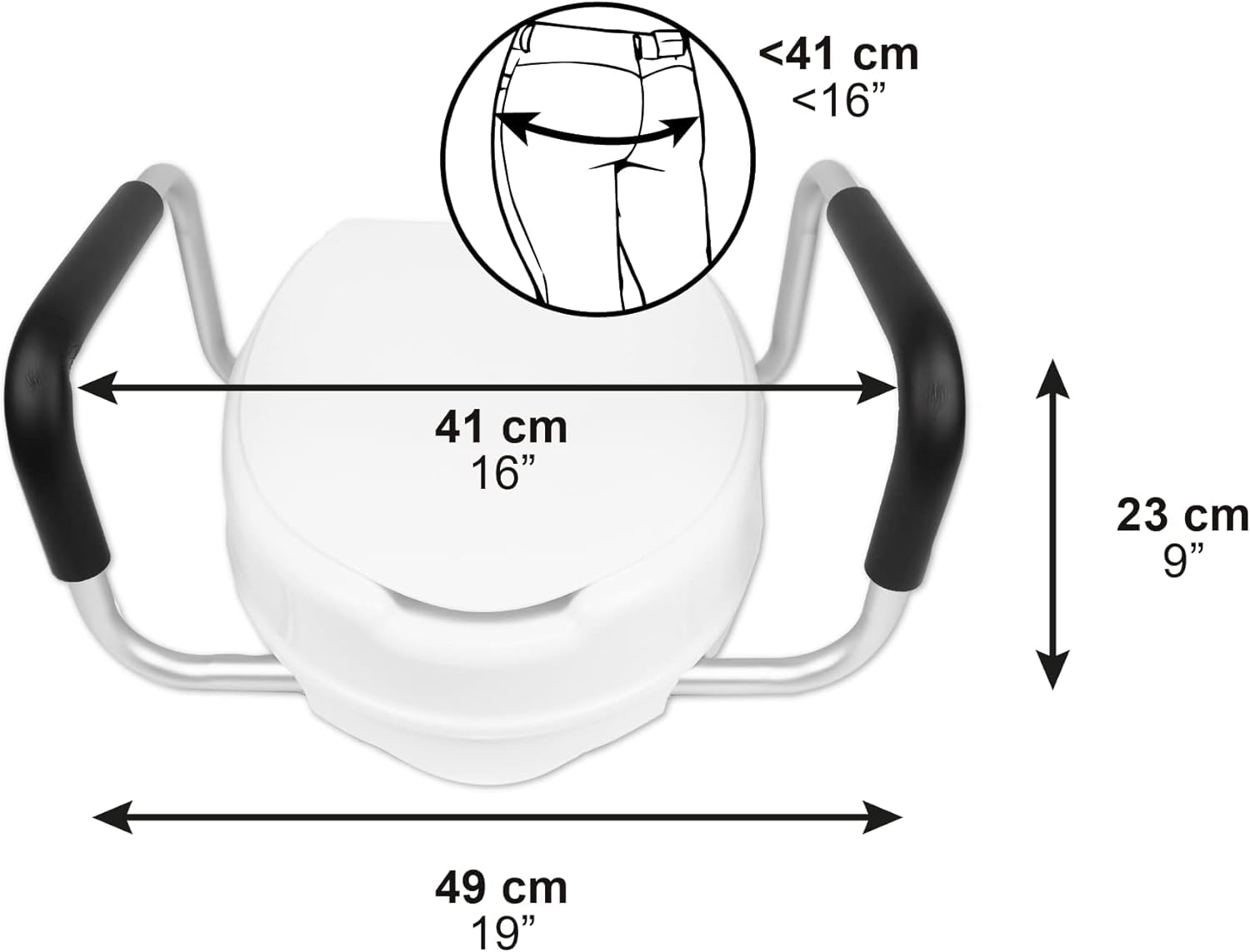 PEPE Mobility Toilettensitzerhöhung mit Armlehnen 10 cm Weiß, WC Sitzerhöhung mit Deckel für Senioren und Erwachsene, Toilettenaufsatz ohne Bohren, erhöhter Toilettensitz für klassische WCs