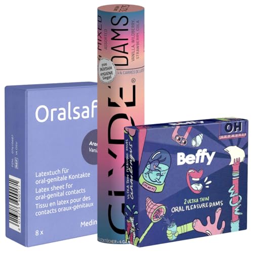 Kondomotheke® Oral Dams Starterpack | 14 aromatisierte Lecktücher im Probier-Set | Beffy, Oral Safe & Glyde Dental Dams für hygienische Anwendung beim Oralverkehr