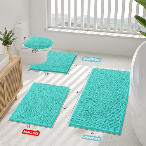 Image of Smiry Bathroom Rugs Sets 2 Piece, Soft Absorbent Chenille Machine Washable Non Slip Shaggy Bath Rug Set for Tub, Shower, and Floor (30x20+24x16, Turquoise)