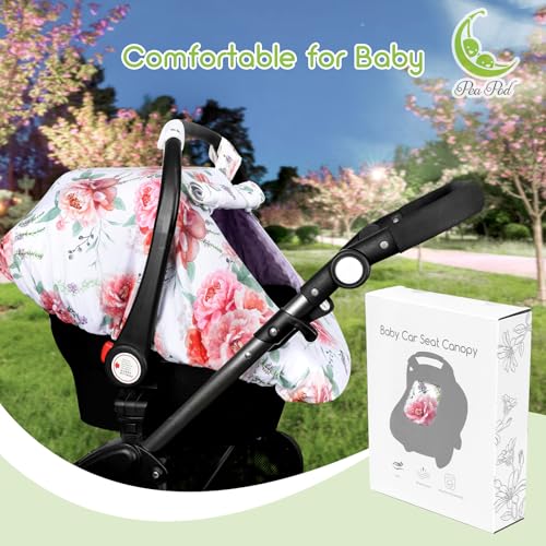 Image of Baby Carseat Cover Girls, Pea Pod Floral Infant Car Seat Covers Canopy for Newborn with 2 Layers Windows of Breathable Mesh /Fabric, Lightweight Polyester /Minky Dot Backing, Snug Fit Most Baby Car Seat