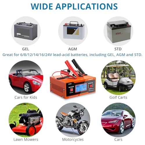 Image of AUTOUTLET 8V Car Battery Charger, 0-14A Fully Automatic 6 /8 /12 /14 /16 /2 Lead-Acid Battery Charger & Maintainer with 7-Stage Charging, Overcharge Protection, Reverse Polarity LED Indicator, 80cm Cable